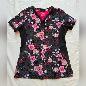 Black and Pink Floral Scrub Top